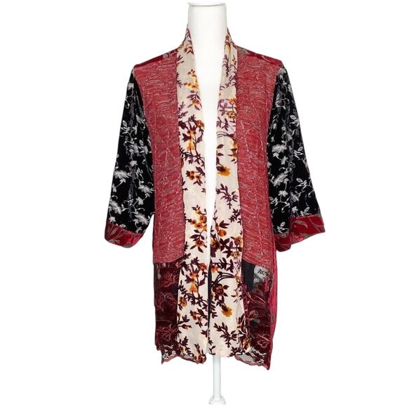 John Mark Mixed Media Velvet Burnout Knit Floral Open Kimono Cardigan Large - Picture 1 of 9